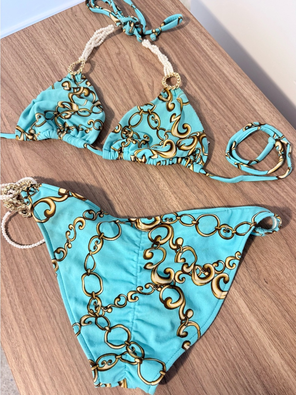Beach Bunny Turquoise & Gold Chain Print String Bikini - Picture 2 of 6